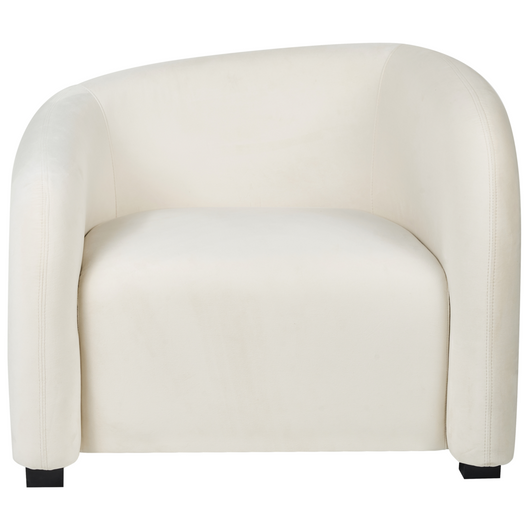 Poltrona elegante e moderna in velluto con schienale curvo e braccioli imbottiti rivestita in velluto bianco sporco