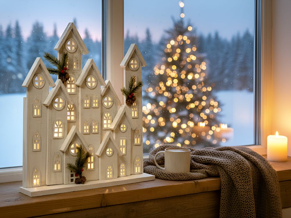 Decorazione natalizia LED in legno di abete bianco a forma di casa, realizzata a mano in stile tradizionale