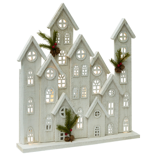 Decorazione natalizia LED in legno di abete bianco a forma di casa, realizzata a mano in stile tradizionale