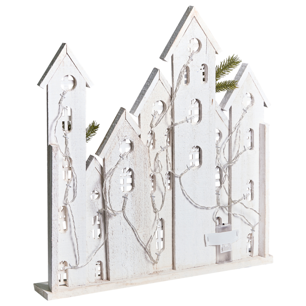 Decorazione natalizia LED in legno di abete bianco a forma di casa, realizzata a mano in stile tradizionale