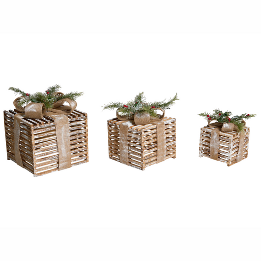 Set di 3 decorazioni natalizie in legno di abete marrone con luci LED Regali di Natale fatti a mano Tradizionali