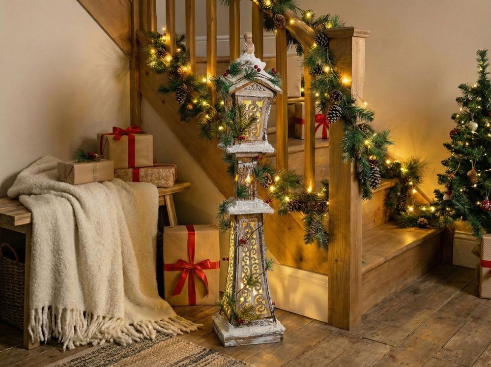 Decorazione natalizia LED Lampada a palo in legno di abete marrone chiaro Fatta a mano stile Tradizionale