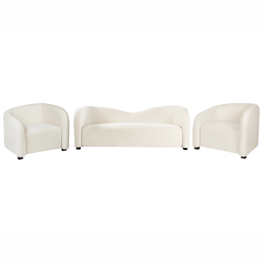 Set da salotto in velluto bianco sporco con divano e poltrone imbottiti davanti e dietro, schienale curvo, design moderno