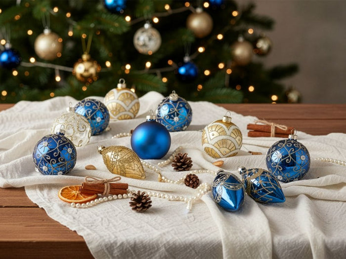 Set di 35 palline di Natale in vetro blu e oro da appendere all'albero di Natale in stile tradizionale Palline di Natale Albero di Natale
