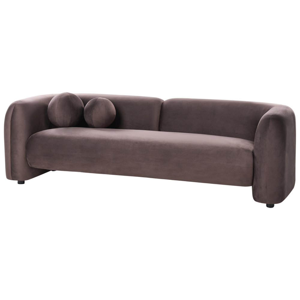 Divano a 3 posti in velluto marrone scuro con cuscini aggiuntivi stile elegante