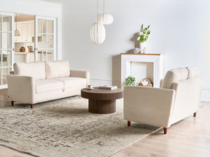 Set da salotto costituito da divani da 2 e 3 posti rivestito in tessuto con braccioli beige chiaro stile moderno