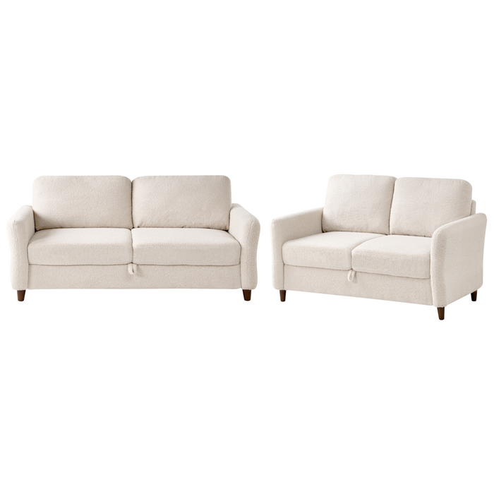 Set da salotto costituito da divani da 2 e 3 posti rivestito in tessuto con braccioli beige chiaro stile moderno