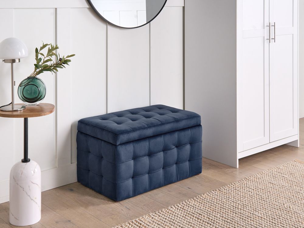 Pouf Cassapanca Imbottito in Velluto Blu Scuro Stile Chesterfield