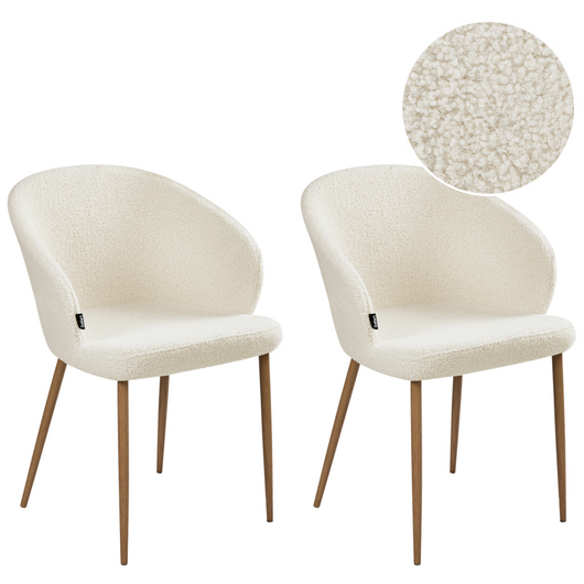 Set di 2 sedie da pranzo rivestite in bouclé bianco sporco con gambe effetto legno in stile retrò per il soggiorno