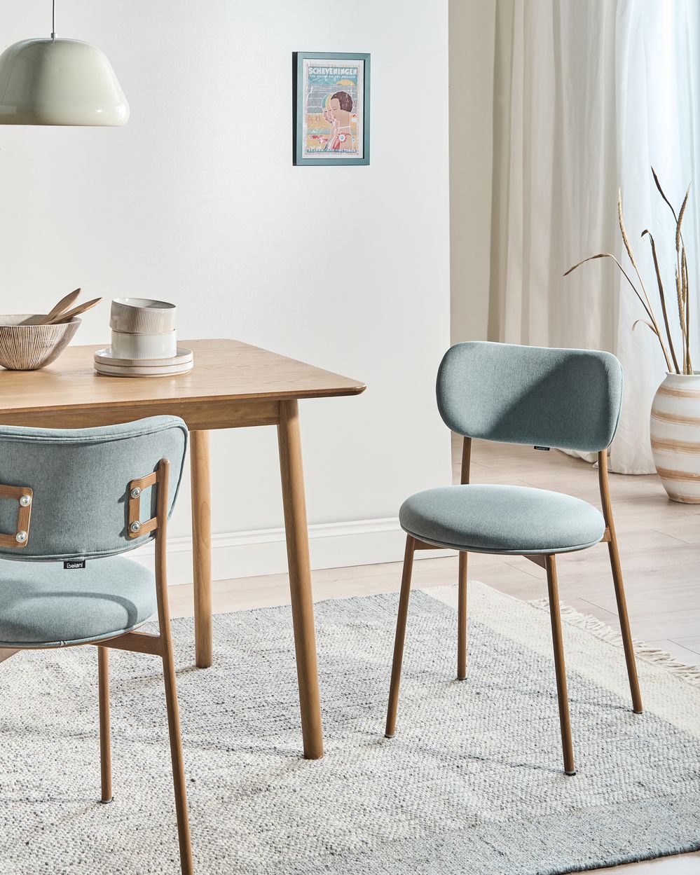 Set di 2 sedie da pranzo con seduta in poliestere verde menta e gambe in metallo senza braccioli per sala da pranzo e cucina