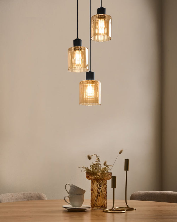 Lampada a sospensione a 3 luci con paralume in vetro e base in metallo nero e beige stile moderno