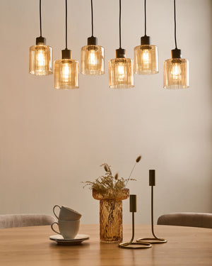 Lampada a sospensione a 6 luci con paralume in vetro e base in metallo nero e beige stile moderno