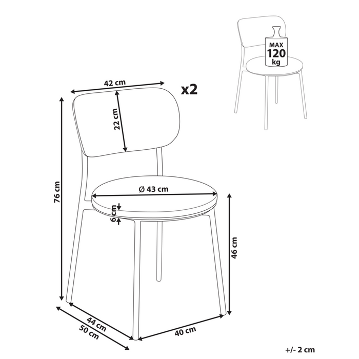 Set di 2 sedie da pranzo con seduta in poliestere verde menta e gambe in metallo senza braccioli per sala da pranzo e cucina