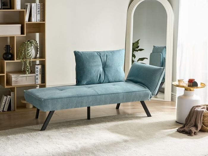 Chaise longue destra in tessuto azzurro con schienale regolabile e funzione letto con cuscino idrorepellente