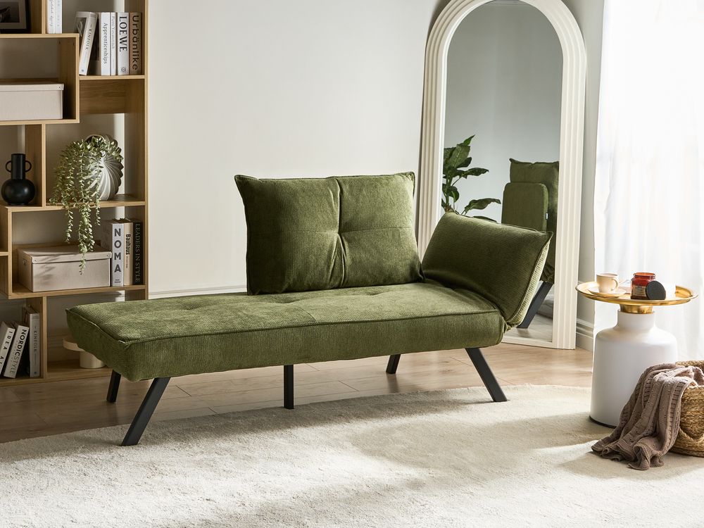 Chaise longue destra in tessuto verde con schienale regolabile e funzione letto con cuscino idrorepellente