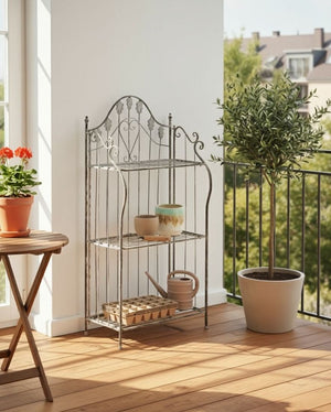 Scaffale per piante in metallo grigio 4 ripiani da giardino autoportante per esterni da esterno per interni da bagno