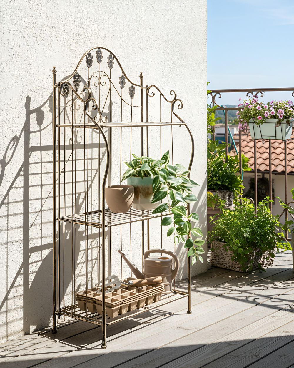 Scaffale per piante in metallo nero 4 ripiani da giardino autoportante per esterni da esterno per interni da bagno