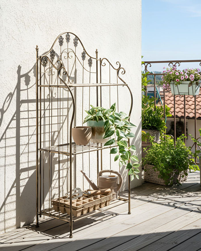 Scaffale per piante in metallo nero 4 ripiani da giardino autoportante per esterni da esterno per interni da bagno