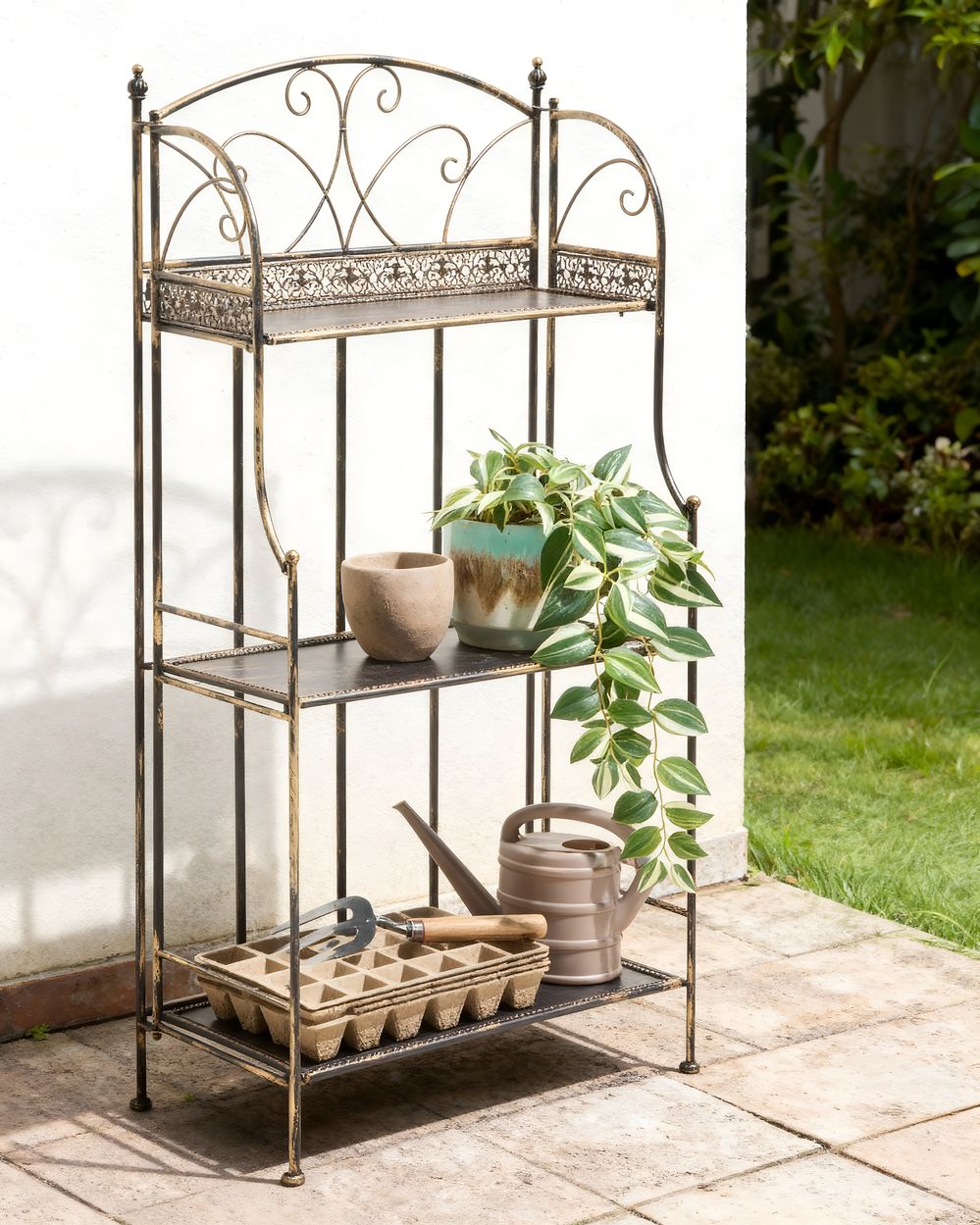 Scaffale per piante in metallo da giardino indipendente per interni e bagni nero