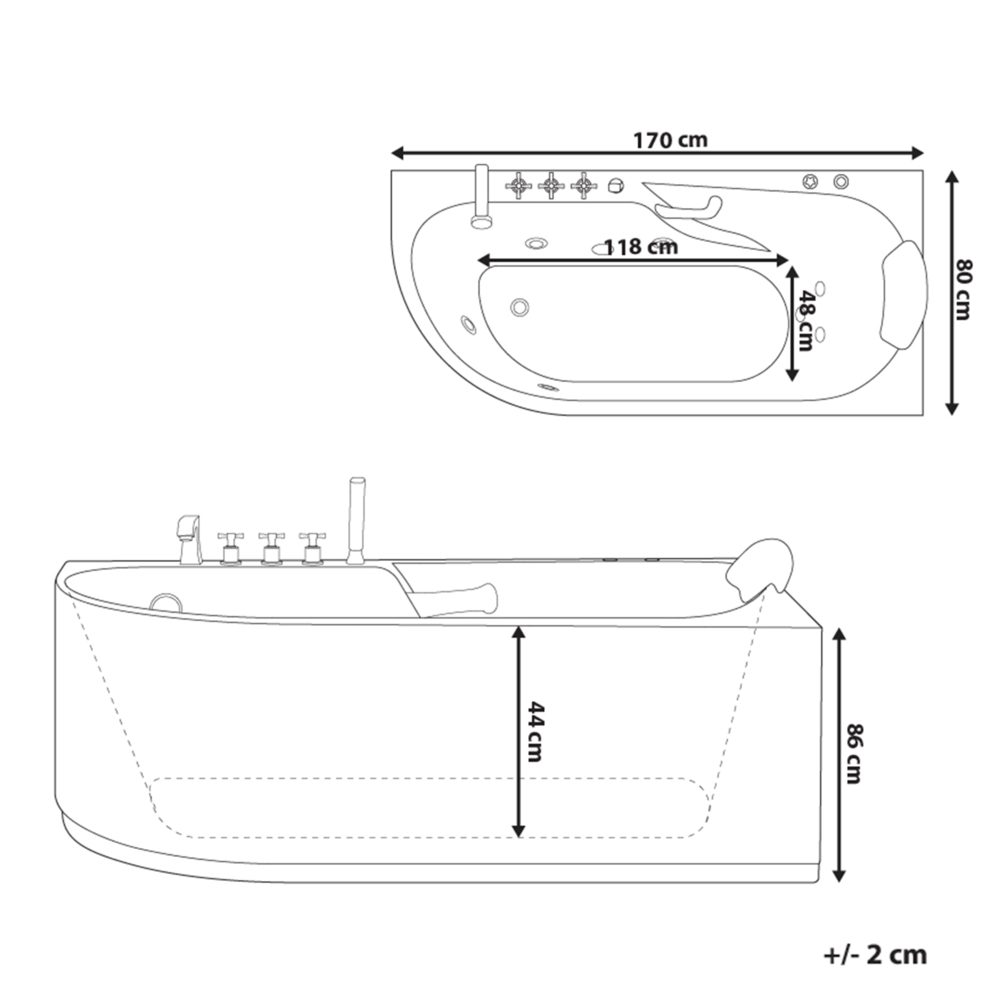 Vasca da bagno Bianca Argento Acrilico  Acciaio inossidabile 170 x 80 cm lato sinistro Bianco Accessori con idromassaggio Poggiatesta