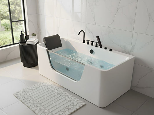 Vasca da bagno con idromassaggio Acrilico bianco Acciaio inossidabile Accessori neri 1600 x 750 mm Pannello in vetro Poggiatesta