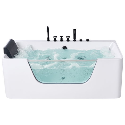 Vasca da bagno con idromassaggio Acrilico bianco Acciaio inossidabile Accessori neri 1600 x 750 mm Pannello in vetro Poggiatesta