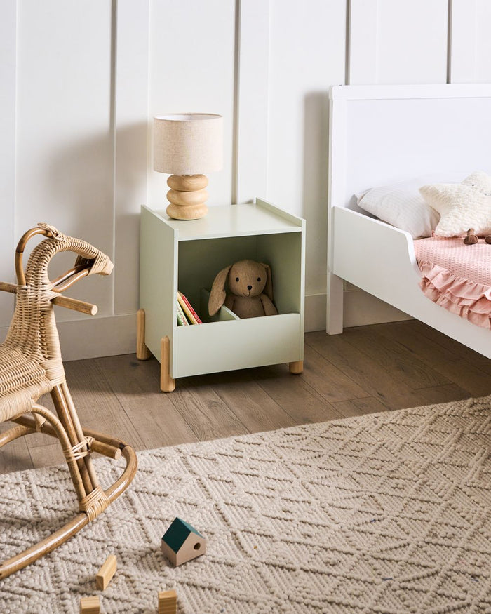 Comodino con luce verde chiaro MDF Gambe in legno di pino Contenitore per cameretta dei bambini