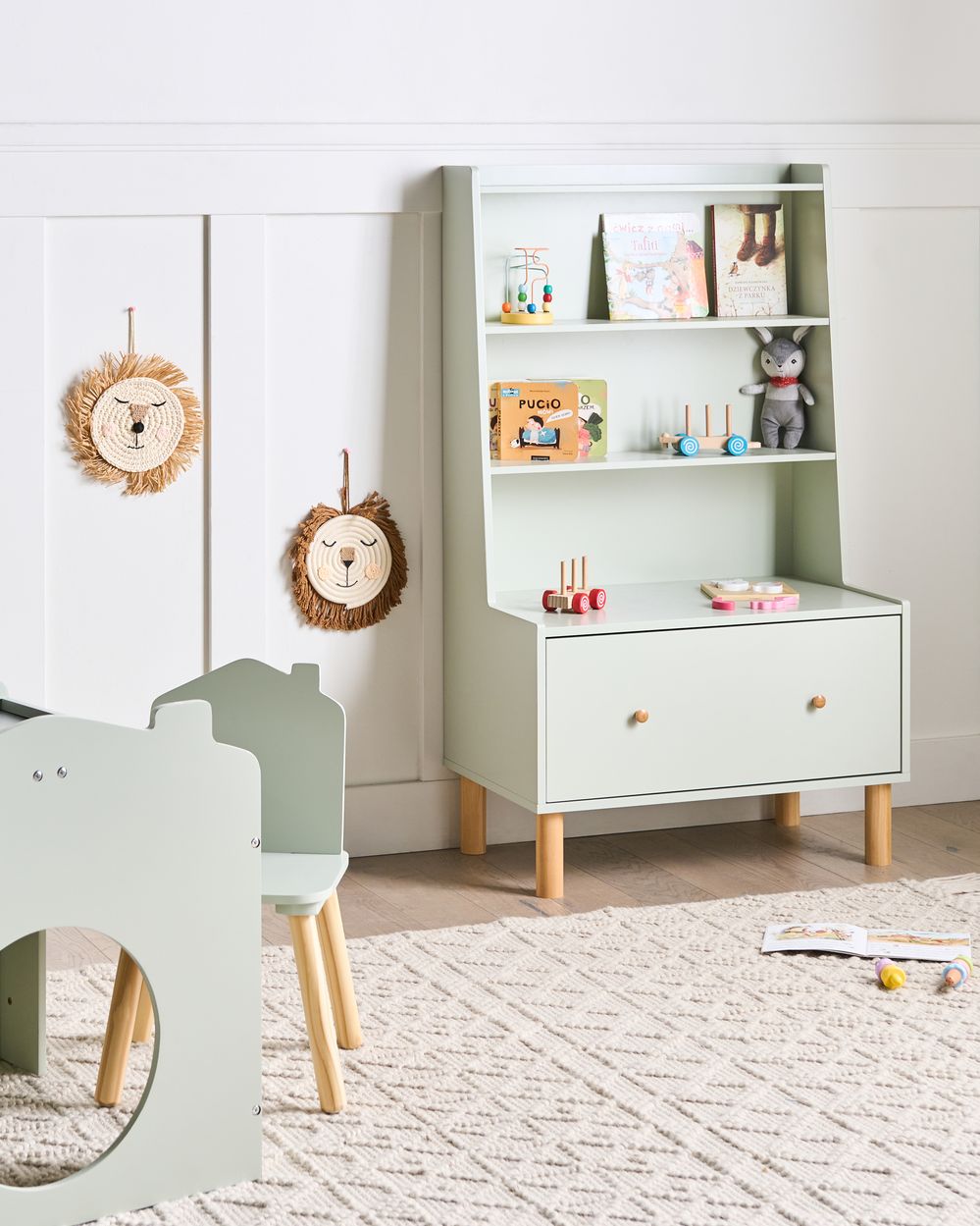 Libreria a 3 ripiani verde chiaro gambe in legno di pino MDF contenitore per sala giochi camera dei bambini