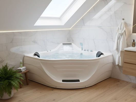 Vasca idromassaggio angolare con idromassaggio Acrilico bianco Raccordi in acciaio inossidabile 2200 x 160 mm Cuscini poggiatesta 2 posti