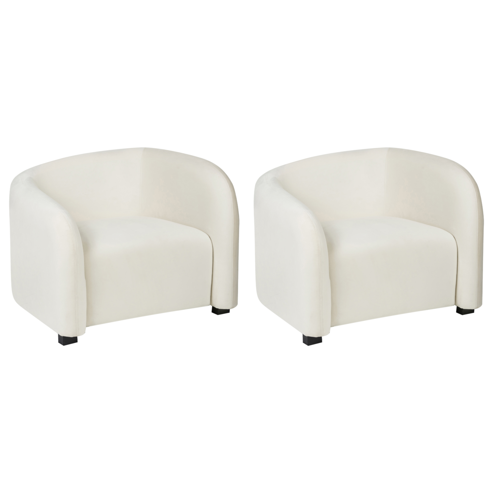 Set moderno ed elegante di 2 poltrone con schienale curvo e braccioli imbottiti in velluto bianco sporco