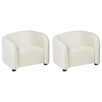 Set moderno ed elegante di 2 poltrone con schienale curvo e braccioli imbottiti in velluto bianco sporco