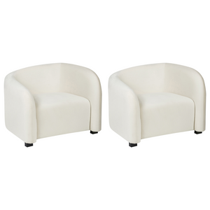 Set moderno ed elegante di 2 poltrone con schienale curvo e braccioli imbottiti in velluto bianco sporco