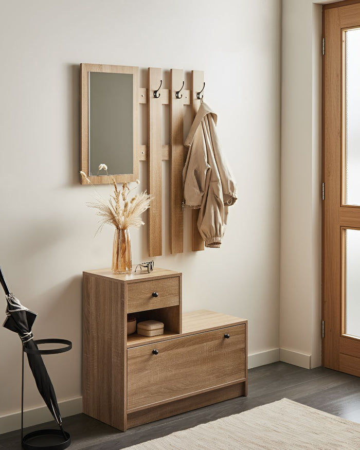 Set da ingresso Appendiabiti con contenitore per scarpe, specchio e ganci appendiabiti Marrone chiaro