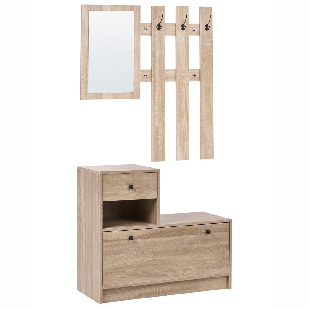 Set da ingresso Appendiabiti con contenitore per scarpe, specchio e ganci appendiabiti Marrone chiaro