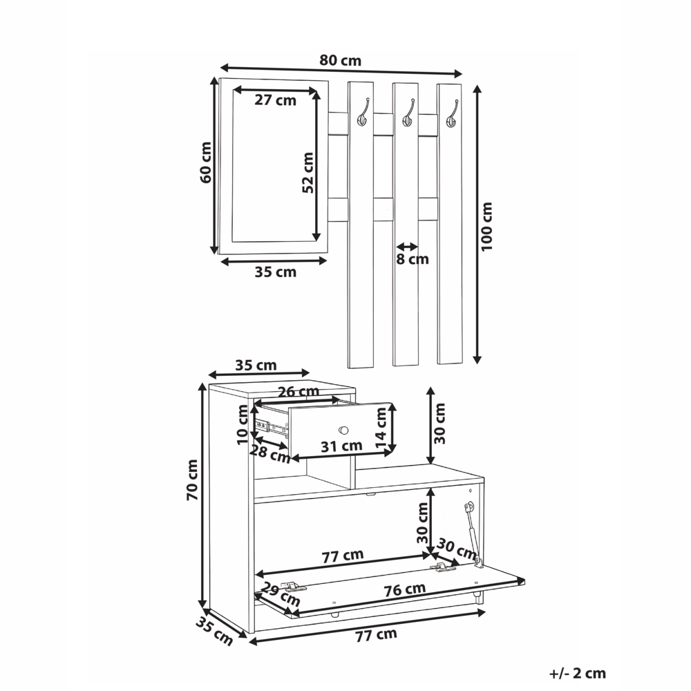 Set da ingresso Appendiabiti con contenitore per scarpe, specchio e ganci appendiabiti Marrone chiaro