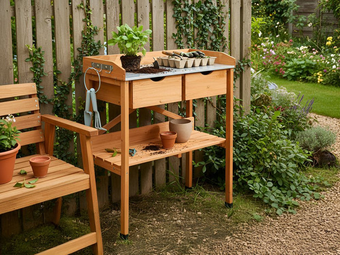 Moderno tavolo da giardinaggio con contenitore 79 x 37 x 89 cm Piano di lavoro in ferro zincato Mobili da giardino Legno di abete Marrone chiaro