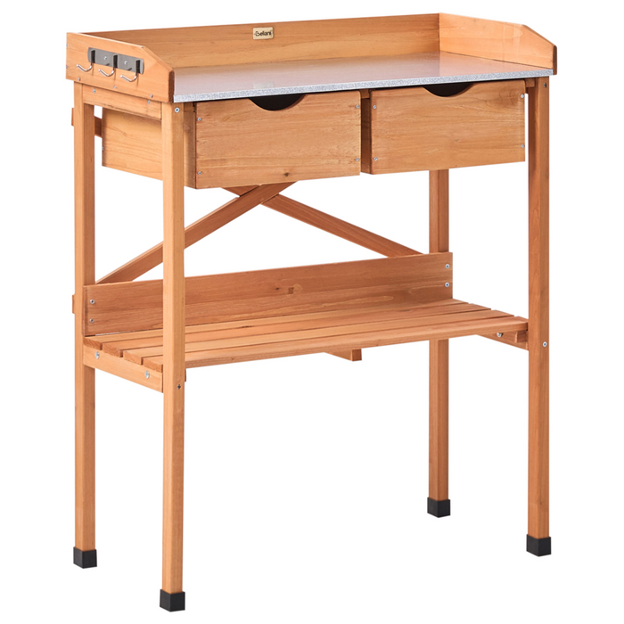 Moderno tavolo da giardinaggio con contenitore 79 x 37 x 89 cm Piano di lavoro in ferro zincato Mobili da giardino Legno di abete Marrone chiaro