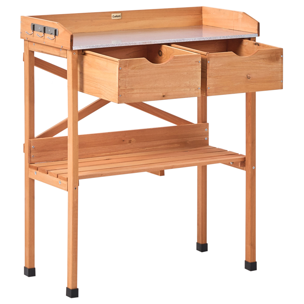 Moderno tavolo da giardinaggio con contenitore 79 x 37 x 89 cm Piano di lavoro in ferro zincato Mobili da giardino Legno di abete Marrone chiaro