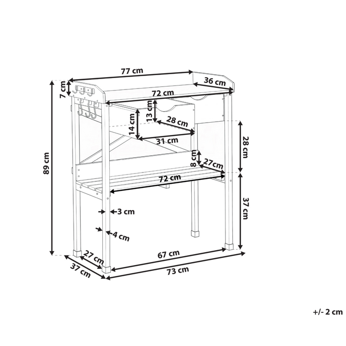 Moderno tavolo da giardinaggio con contenitore 79 x 37 x 89 cm Piano di lavoro in ferro zincato Mobili da giardino Legno di abete Marrone chiaro