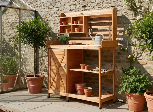 Tavolo da giardinaggio con spazio di archiviazione 113 x 46 x 148 cm Legno di abete marrone chiaro Piano di lavoro in ferro