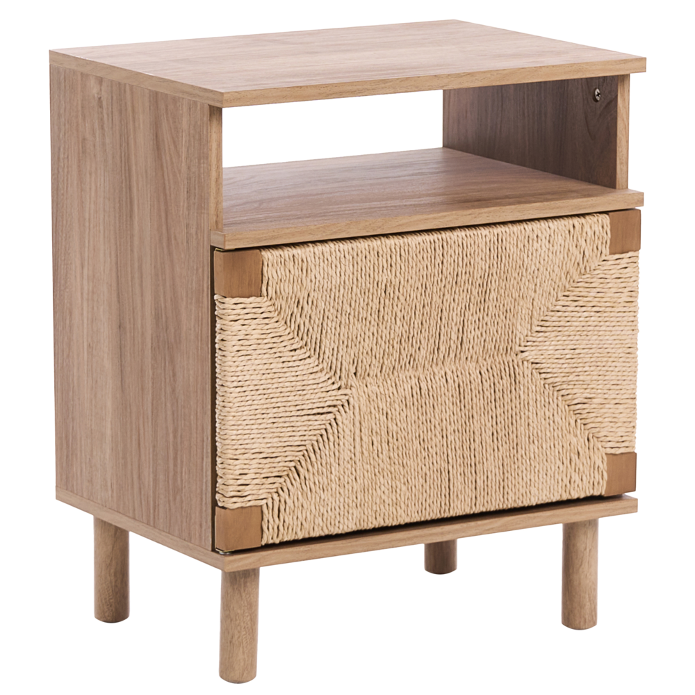 Comodino in truciolato marrone chiaro con frontale in corda di carta Stile boho moderno Contenitore per camera da letto