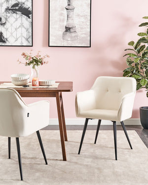 Set di 2 sedie da pranzo con sedile imbottito in velluto beige chiaro con braccioli e gambe in metallo Nero