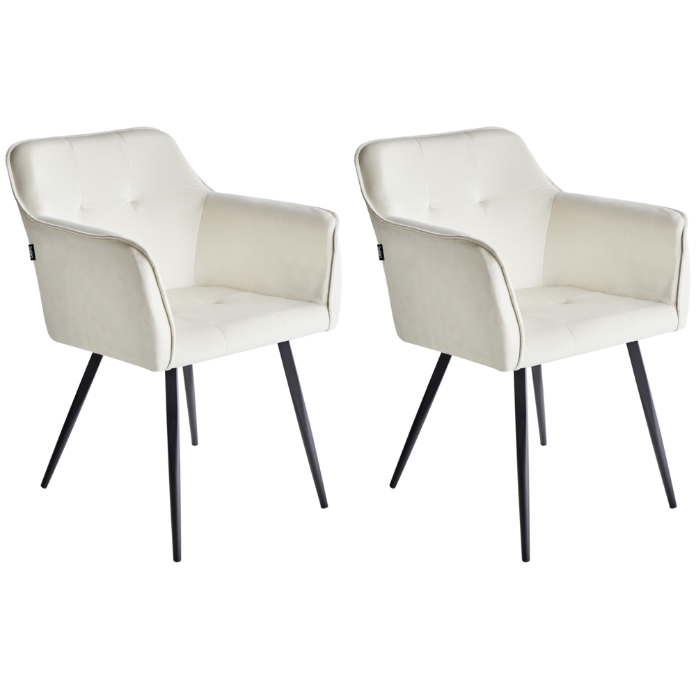 Set di 2 sedie da pranzo con sedile imbottito in velluto beige chiaro con braccioli e gambe in metallo Nero