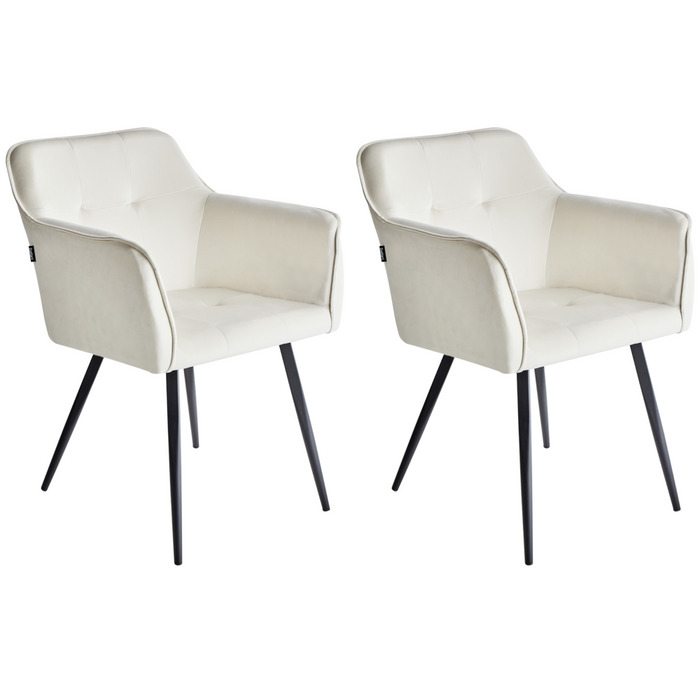 Set di 2 sedie da pranzo con sedile imbottito in velluto beige chiaro con braccioli e gambe in metallo Nero