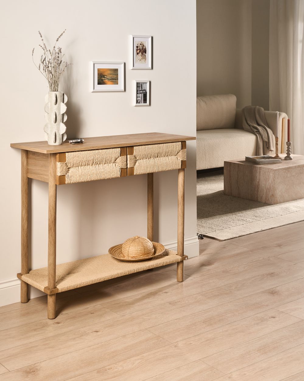 Consolle con 2 cassetti in truciolato con frontali in corda di carta Stile boho Marrone chiaro