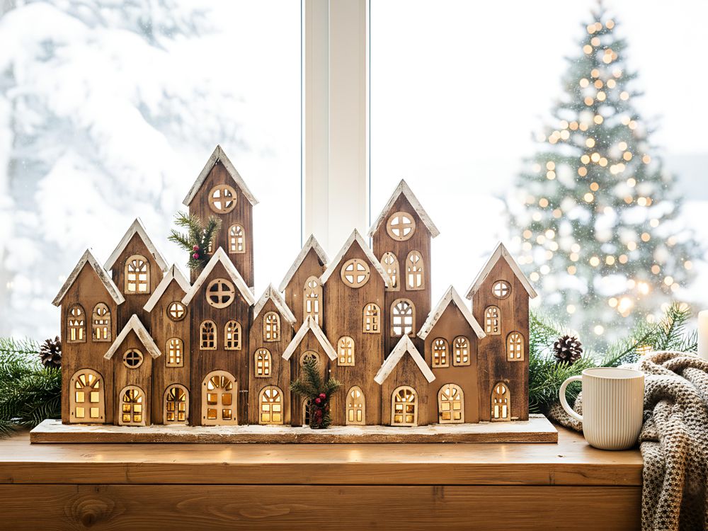 Decorazione natalizia in legno di abete marrone con luci LED, figurina artigianale tradizionale