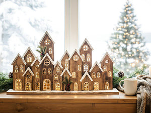 Decorazione natalizia in legno di abete marrone con luci LED, figurina artigianale tradizionale