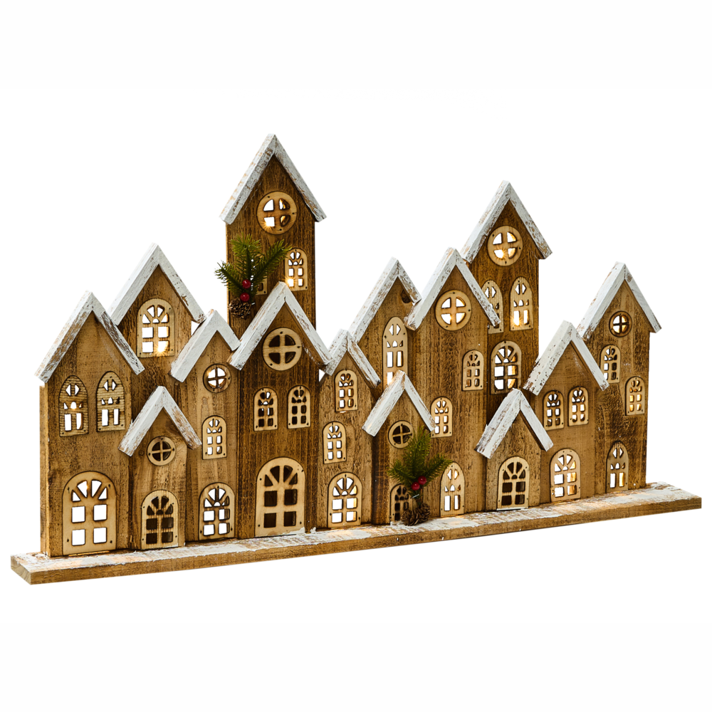 Decorazione natalizia in legno di abete marrone con luci LED, figurina artigianale tradizionale