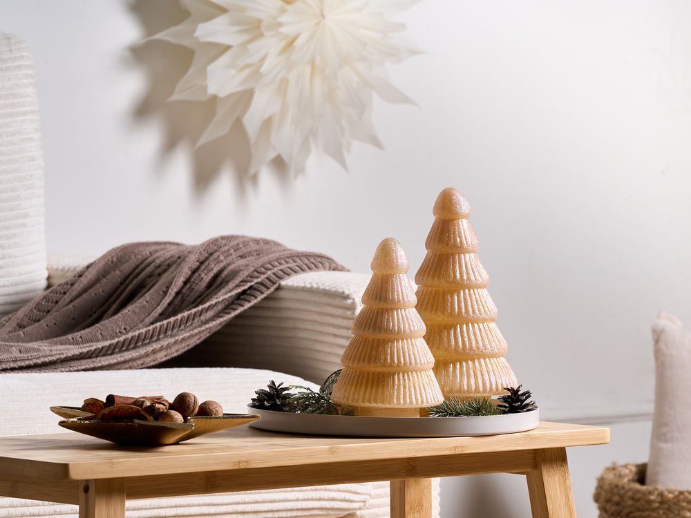 Set di 2 statuine decorative Alberi di Natale in vetro beige Decorazione festiva Fatte a mano 2 diverse dimensioni