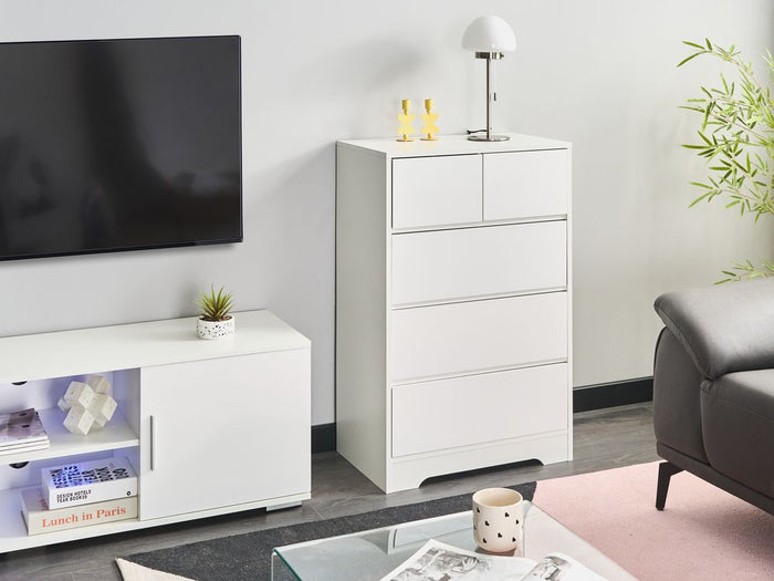 Cassettiera scandinava 5 cassetti piano in legno bianco in stile scandinavo